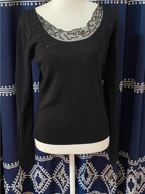 Black Long-Sleeve Scoop Neck Top with Beaded Detail
